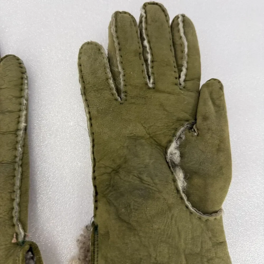 VTG Marshall Fields Gloves Mens 8.5 Green Suede Made In Italy Sherpa Lining Warm